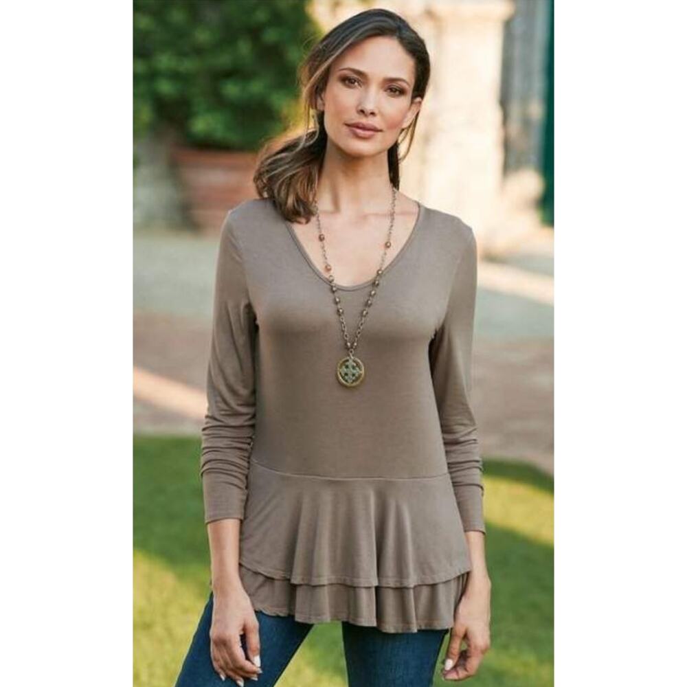 Soft Surroundings Daphne Tunic Ruffled Hem Light Brown Tan Medium Weekend Wear